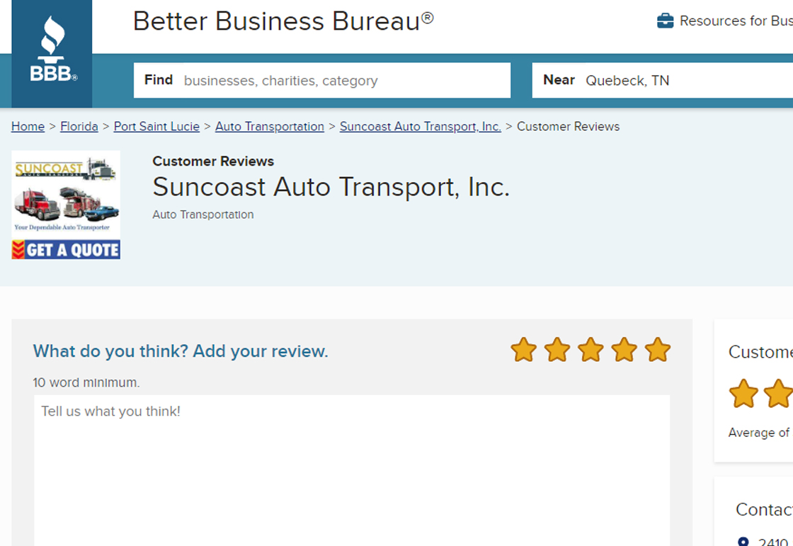 Suncoast Auto Transport BBB Reviews Page