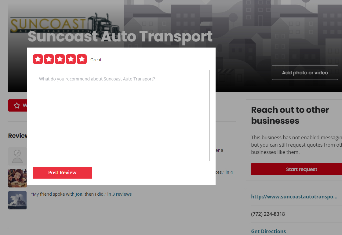 Suncoast Auto Transport Yelp Reviews Page
